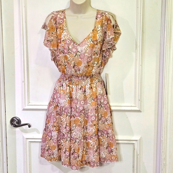 Emerald Sundae Blush Pink/Gold Floral Back Tie Cut-Out Mini Dress,Large,NWT - Picture 13 of 16